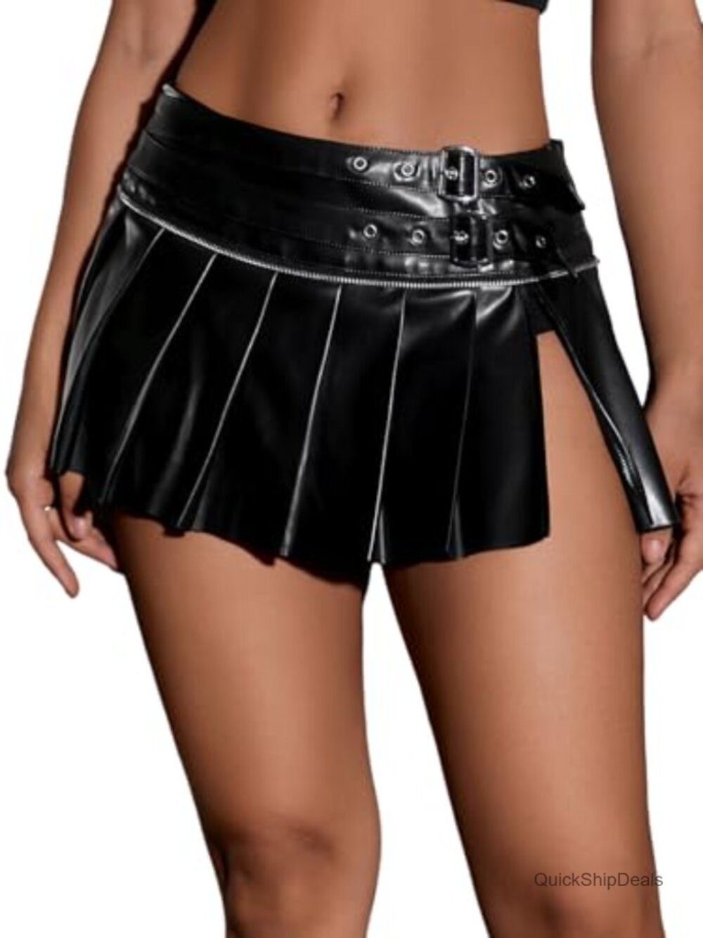PU Leather Buckle Pleated Low Waist Mini Skirt